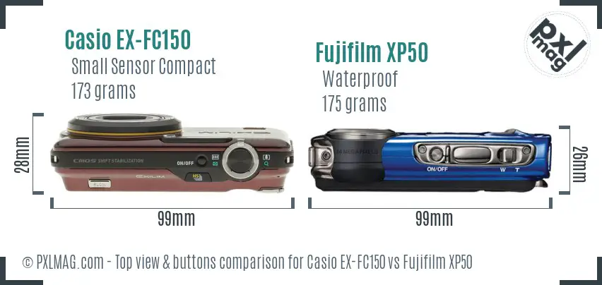 Casio EX-FC150 vs Fujifilm XP50 top view buttons comparison