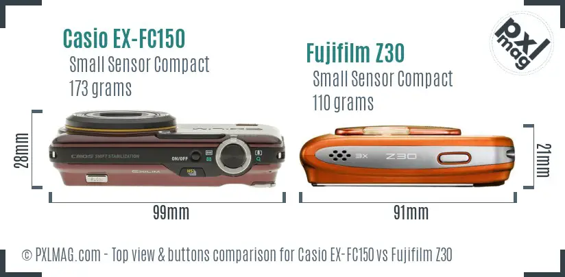 Casio EX-FC150 vs Fujifilm Z30 top view buttons comparison