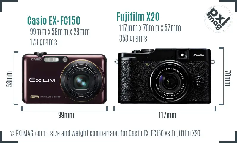 Casio EX-FC150 vs Fujifilm X20 size comparison