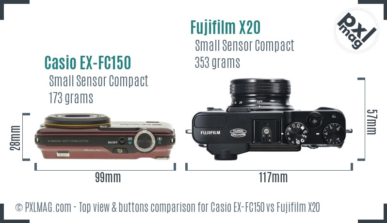 Casio EX-FC150 vs Fujifilm X20 top view buttons comparison