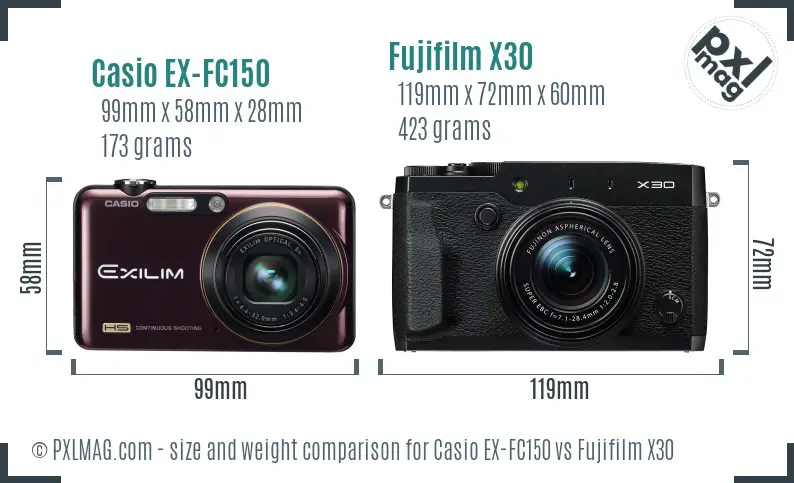 Casio EX-FC150 vs Fujifilm X30 size comparison