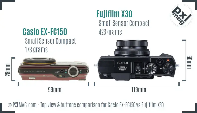 Casio EX-FC150 vs Fujifilm X30 top view buttons comparison
