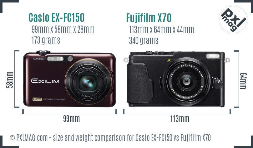 Casio EX-FC150 vs Fujifilm X70 size comparison