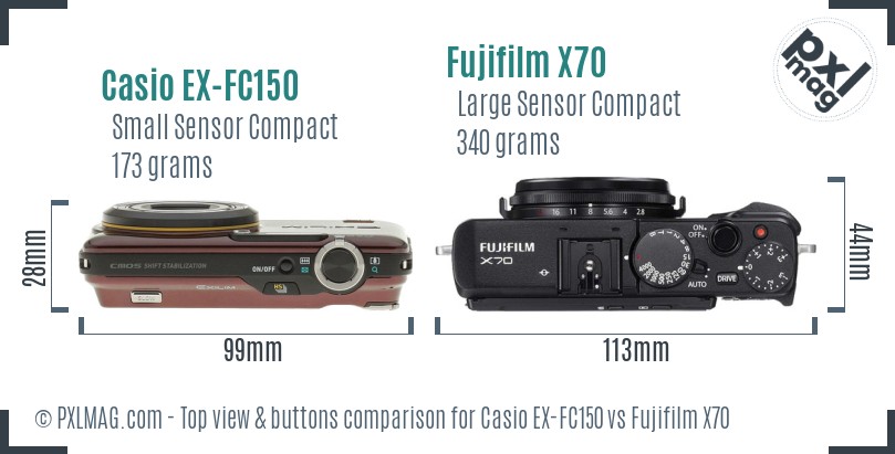 Casio EX-FC150 vs Fujifilm X70 top view buttons comparison