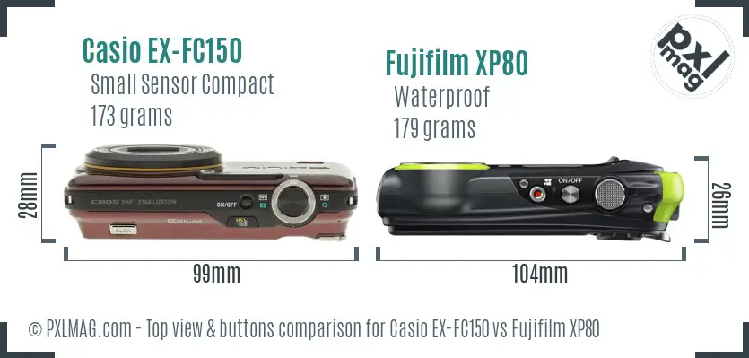 Casio EX-FC150 vs Fujifilm XP80 top view buttons comparison