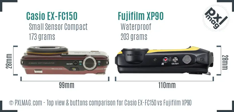 Casio EX-FC150 vs Fujifilm XP90 top view buttons comparison Casio EX-FC150 vs Fujifilm XP90 top view buttons comparison
