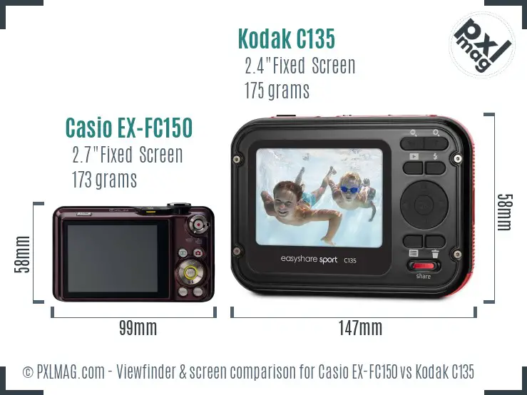 Casio EX-FC150 vs Kodak C135 Screen and Viewfinder comparison