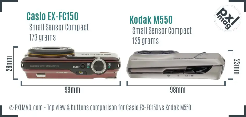 Casio EX-FC150 vs Kodak M550 top view buttons comparison Casio EX-FC150 vs Kodak M550 top view buttons comparison
