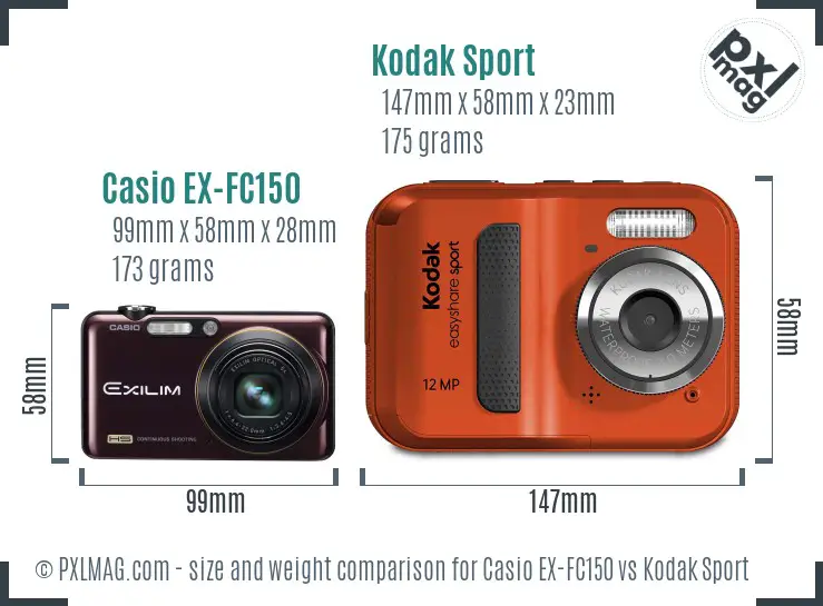 Casio EX-FC150 vs Kodak Sport size comparison