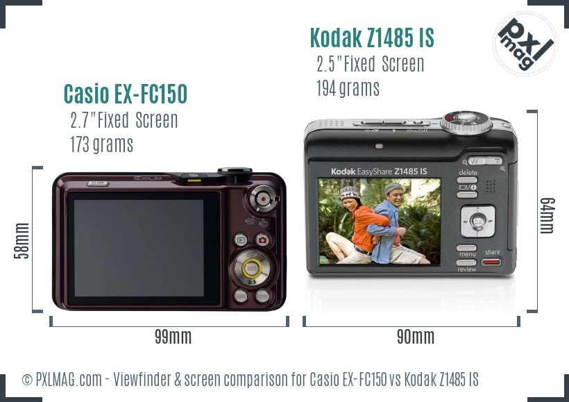 Casio EX-FC150 vs Kodak Z1485 IS Screen and Viewfinder comparison