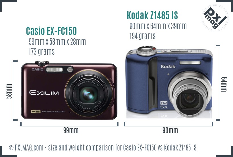 Casio EX-FC150 vs Kodak Z1485 IS size comparison