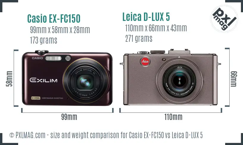 Casio EX-FC150 vs Leica D-LUX 5 size comparison
