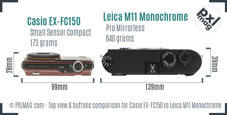 Casio EX-FC150 vs Leica M11 Monochrome top view buttons comparison