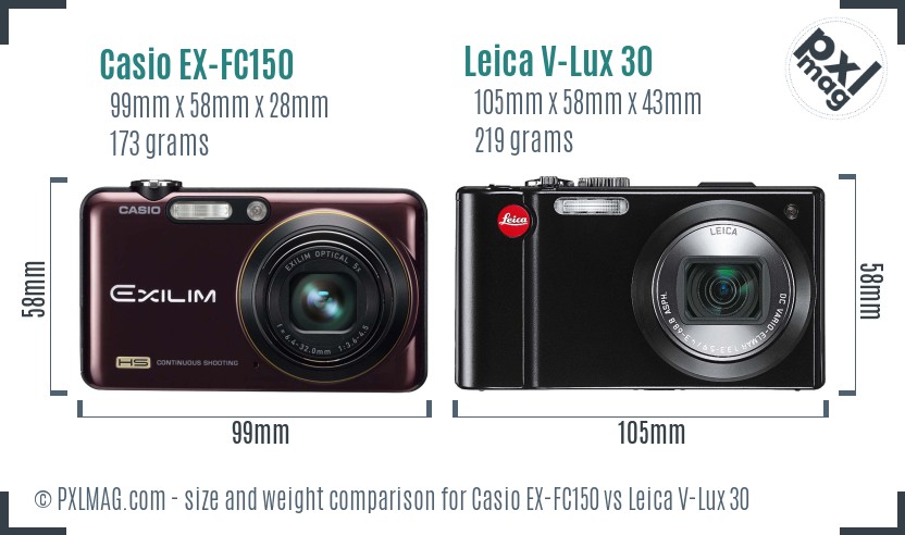 Casio EX-FC150 vs Leica V-Lux 30 size comparison Casio EX-FC150 vs Leica V-Lux 30 size comparison