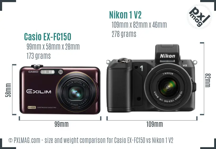 Casio EX-FC150 vs Nikon 1 V2 size comparison