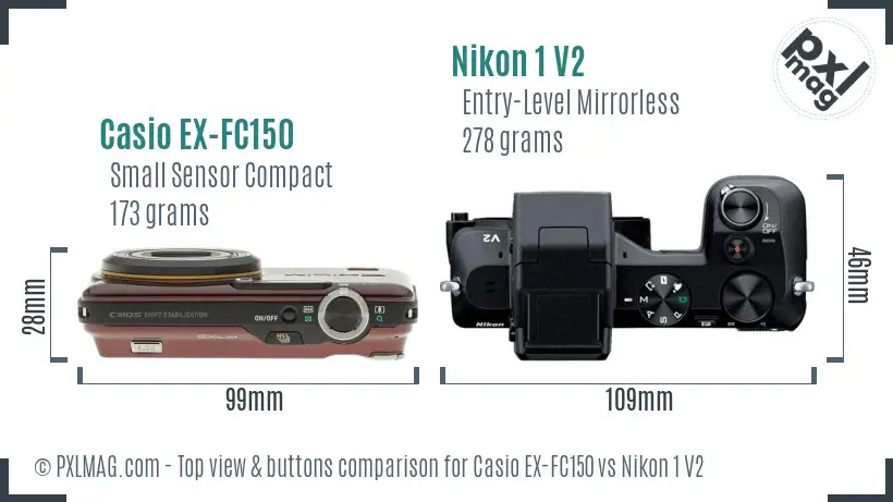 Casio EX-FC150 vs Nikon 1 V2 top view buttons comparison