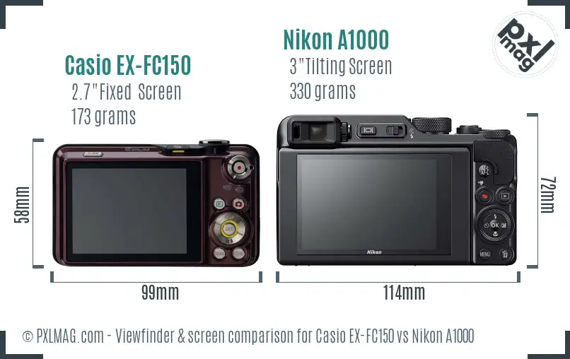 Casio EX-FC150 vs Nikon A1000 Screen and Viewfinder comparison