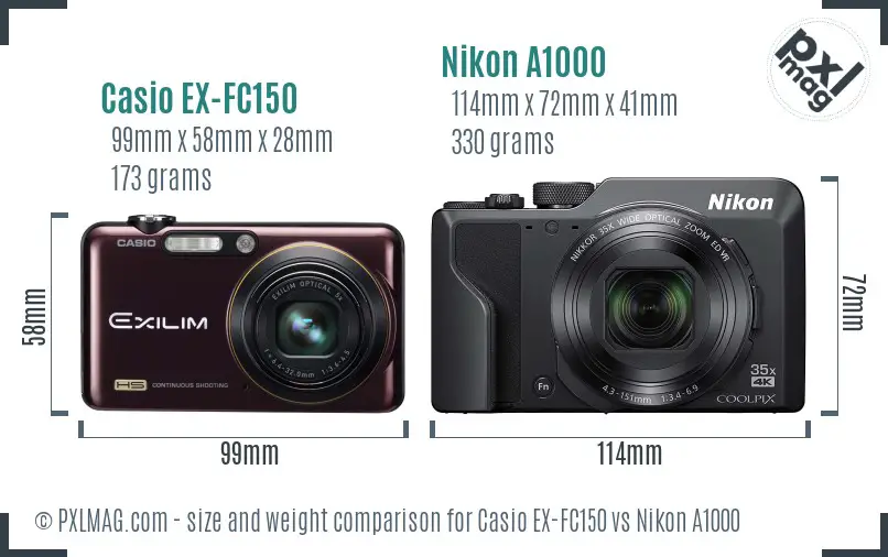 Casio EX-FC150 vs Nikon A1000 size comparison