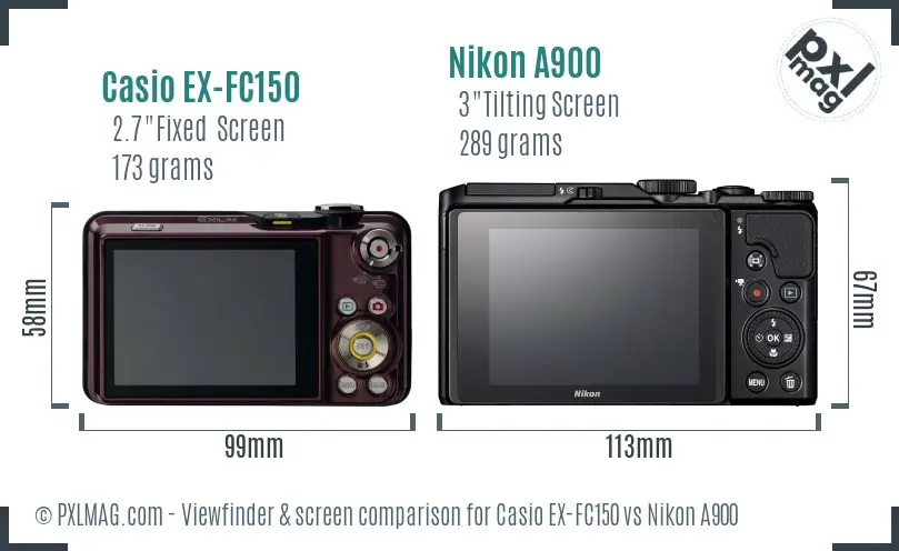 Casio EX-FC150 vs Nikon A900 Screen and Viewfinder comparison