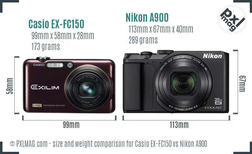 Casio EX-FC150 vs Nikon A900 size comparison