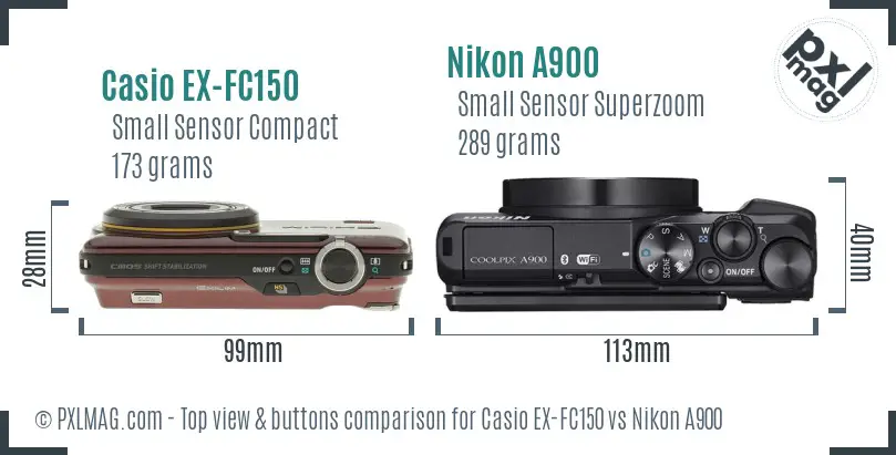 Casio EX-FC150 vs Nikon A900 top view buttons comparison