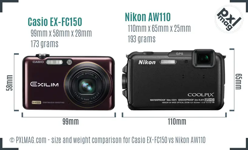 Casio EX-FC150 vs Nikon AW110 size comparison