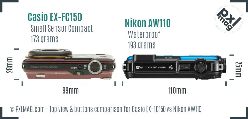 Casio EX-FC150 vs Nikon AW110 top view buttons comparison