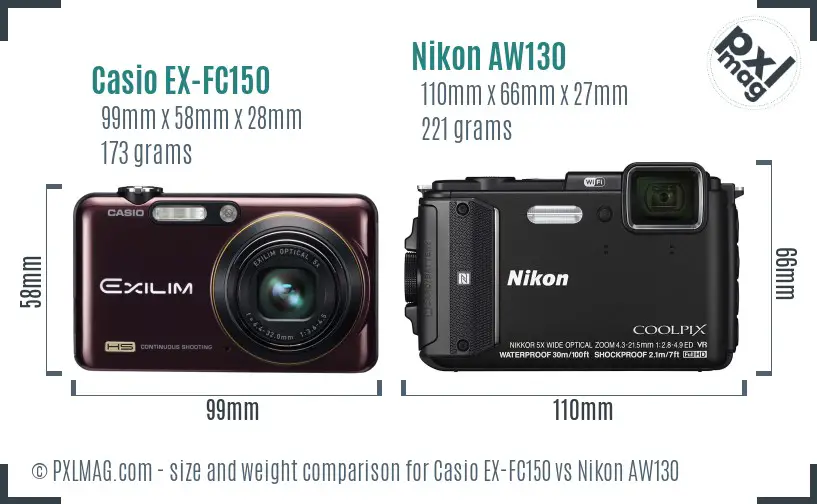 Casio EX-FC150 vs Nikon AW130 size comparison