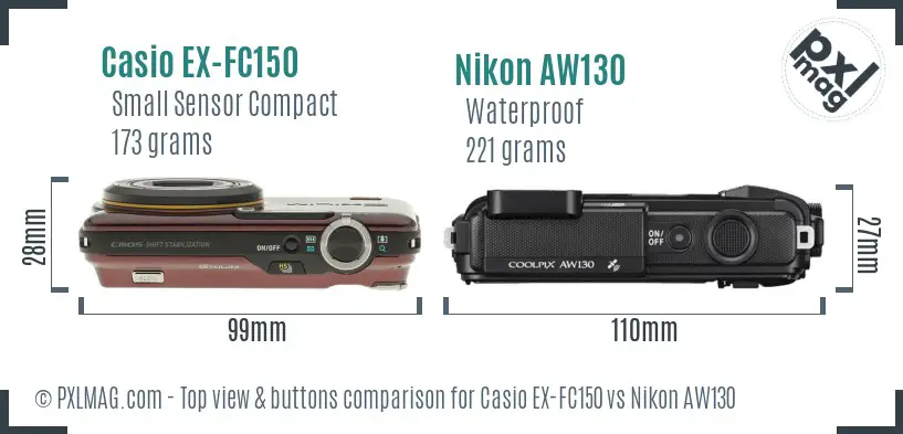 Casio EX-FC150 vs Nikon AW130 top view buttons comparison