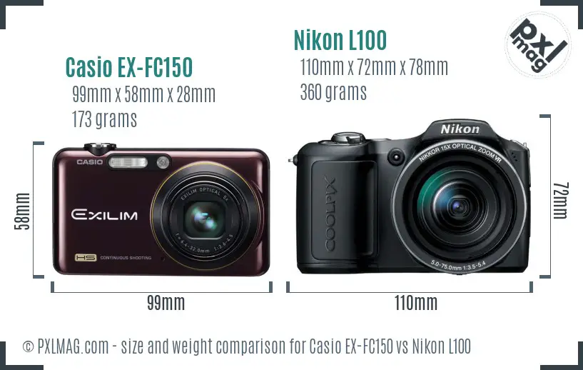 Casio EX-FC150 vs Nikon L100 size comparison