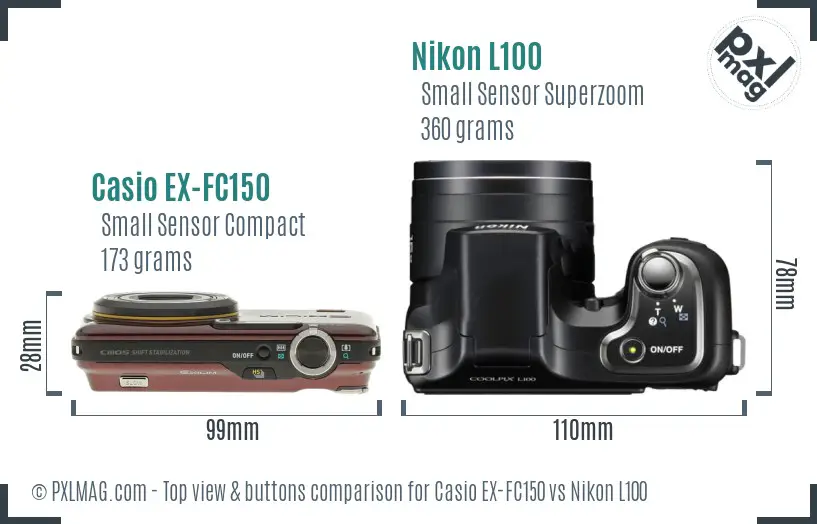 Casio EX-FC150 vs Nikon L100 top view buttons comparison