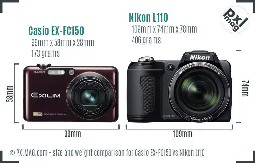 Casio EX-FC150 vs Nikon L110 size comparison