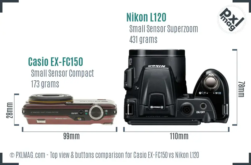Casio EX-FC150 vs Nikon L120 top view buttons comparison Casio EX-FC150 vs Nikon L120 top view buttons comparison