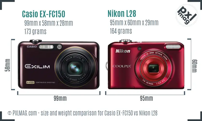 Casio EX-FC150 vs Nikon L28 size comparison