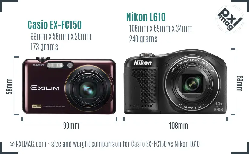 Casio EX-FC150 vs Nikon L610 size comparison