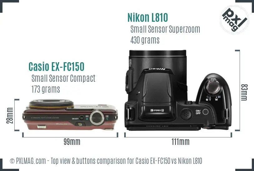 Casio EX-FC150 vs Nikon L810 top view buttons comparison