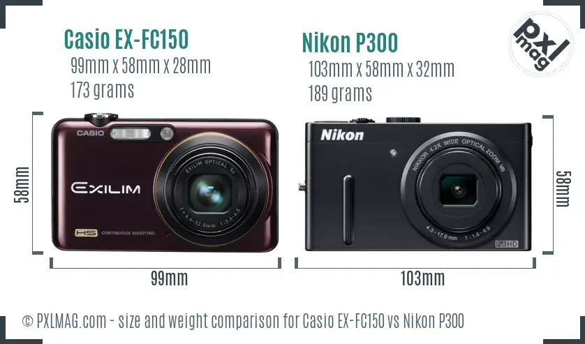 Casio EX-FC150 vs Nikon P300 size comparison