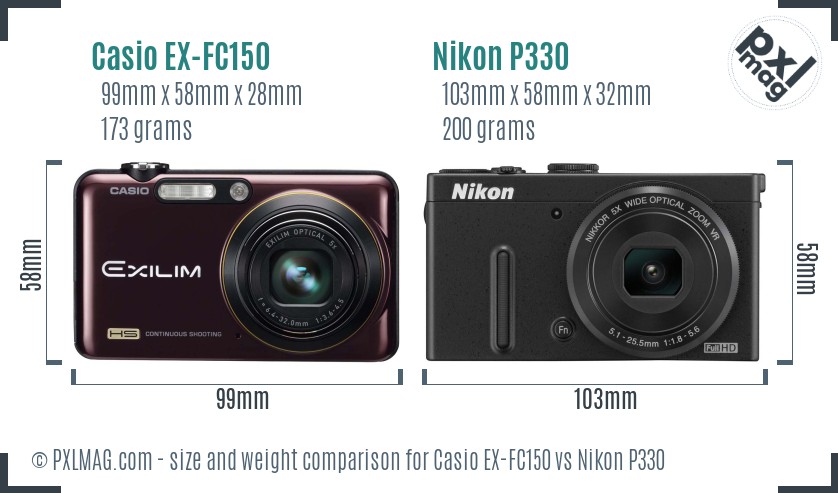 Casio EX-FC150 vs Nikon P330 size comparison
