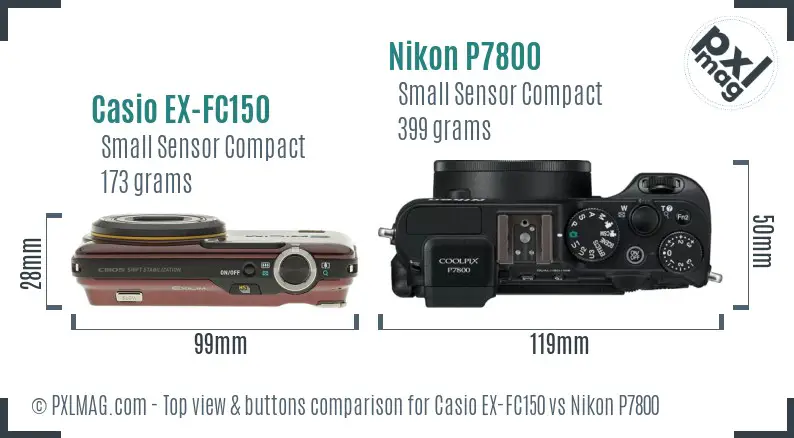 Casio EX-FC150 vs Nikon P7800 top view buttons comparison
