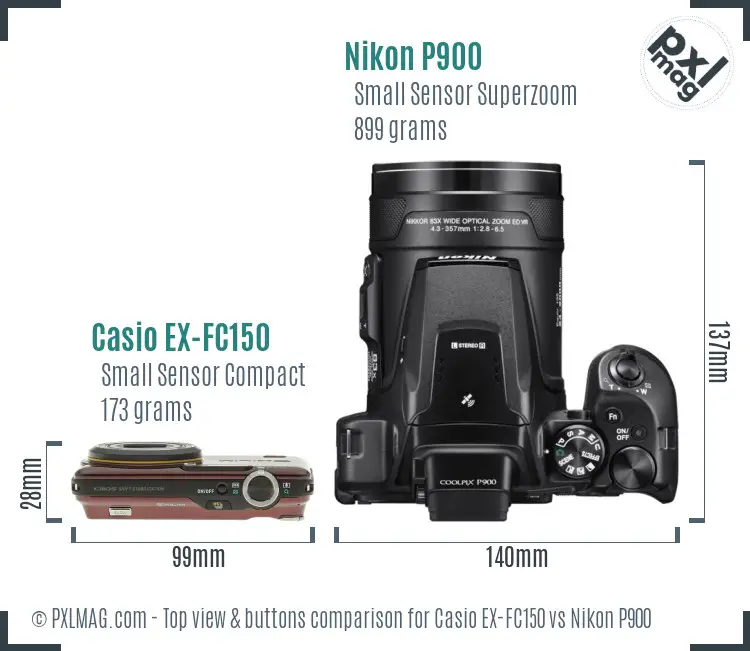 Casio EX-FC150 vs Nikon P900 top view buttons comparison