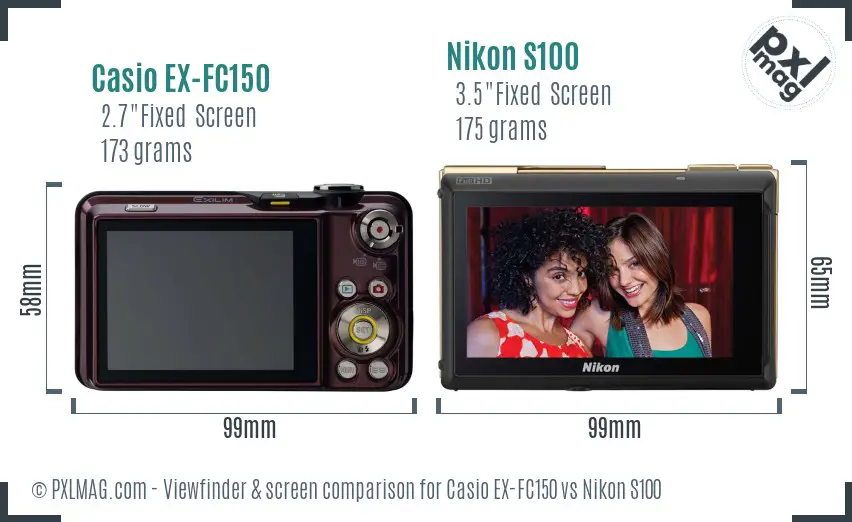 Casio EX-FC150 vs Nikon S100 Screen and Viewfinder comparison