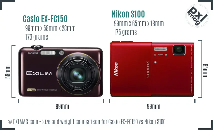 Casio EX-FC150 vs Nikon S100 size comparison