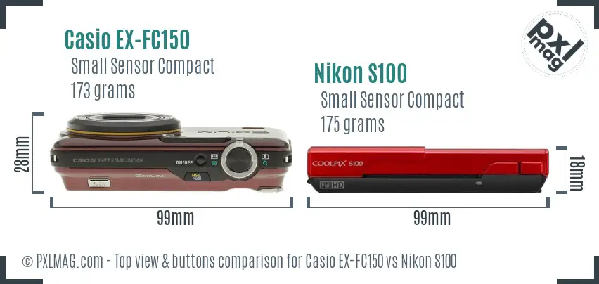 Casio EX-FC150 vs Nikon S100 top view buttons comparison