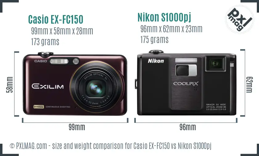 Casio EX-FC150 vs Nikon S1000pj size comparison