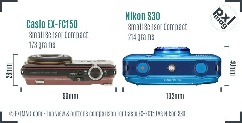 Casio EX-FC150 vs Nikon S30 top view buttons comparison Casio EX-FC150 vs Nikon S30 top view buttons comparison