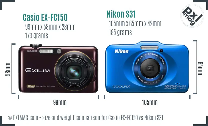 Casio EX-FC150 vs Nikon S31 size comparison