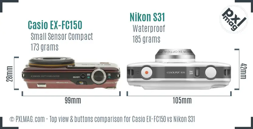 Casio EX-FC150 vs Nikon S31 top view buttons comparison