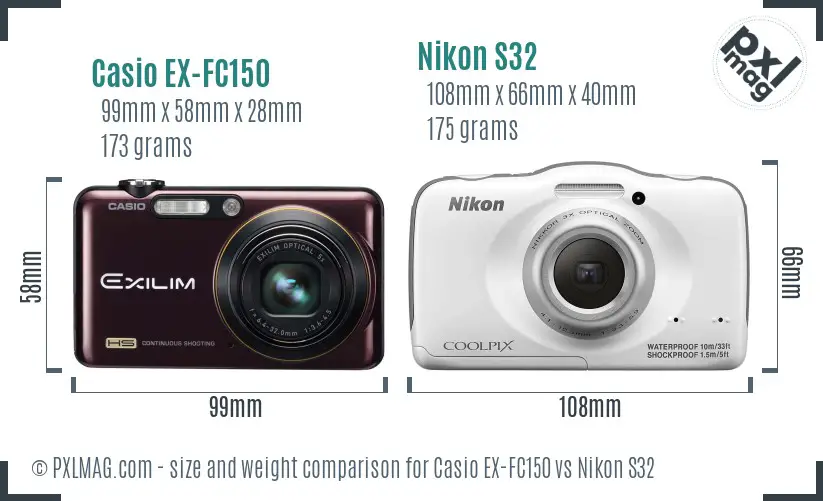 Casio EX-FC150 vs Nikon S32 size comparison