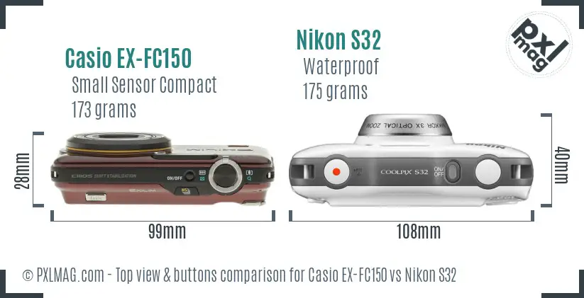 Casio EX-FC150 vs Nikon S32 top view buttons comparison