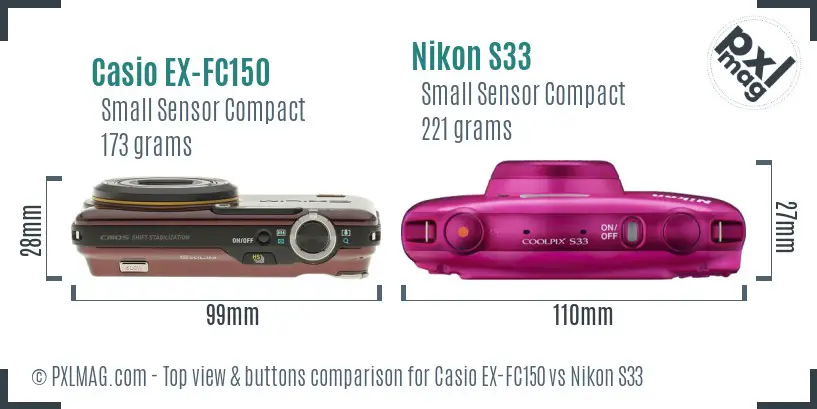 Casio EX-FC150 vs Nikon S33 top view buttons comparison